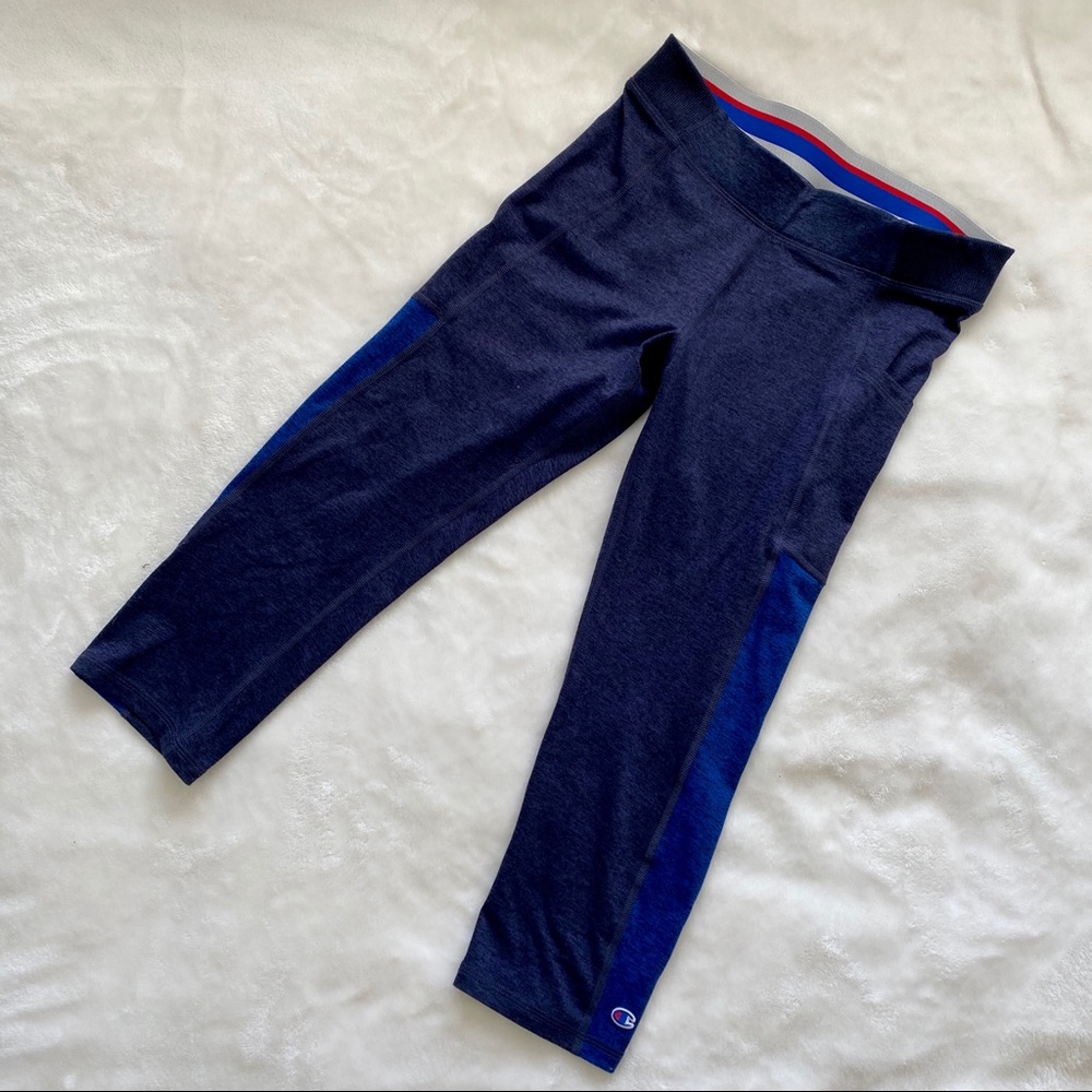 Champion Authentic Athleticwear Navy Colorblock Capri Leggings Side Pocket Sz S